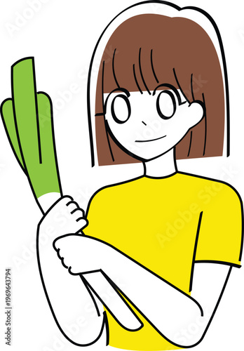 Smiling Cartoon Woman Holding a Leek