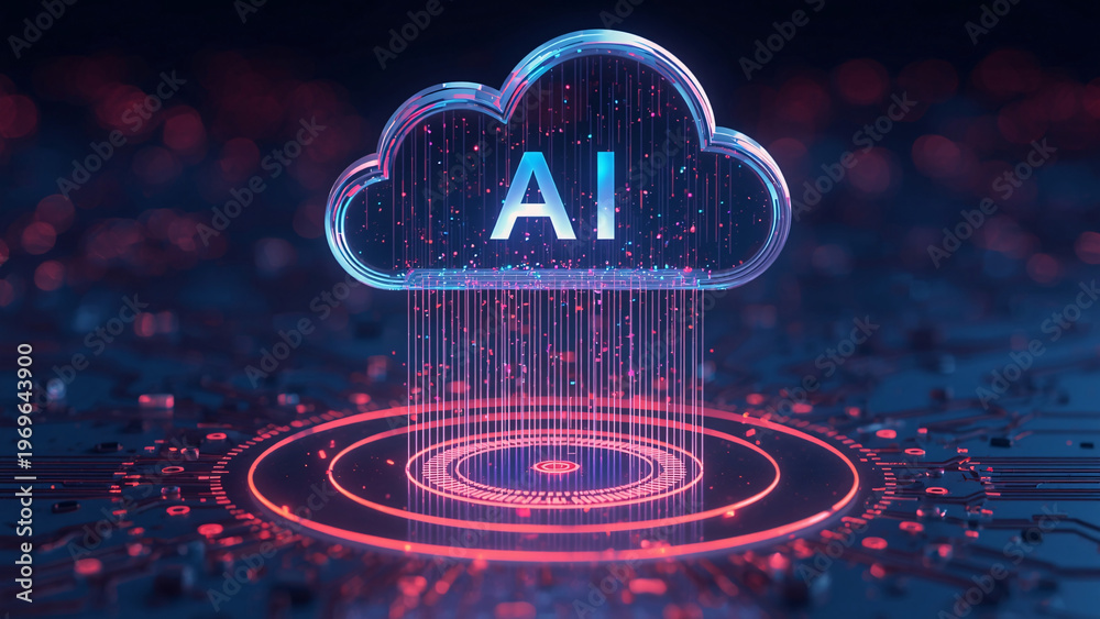 Fototapeta premium Cloud and edge computing technology data transfer concept. A large cloud icon is in the center, Ai Brain Cloud Big data, network, Science and futuristic ai cloud background concept.