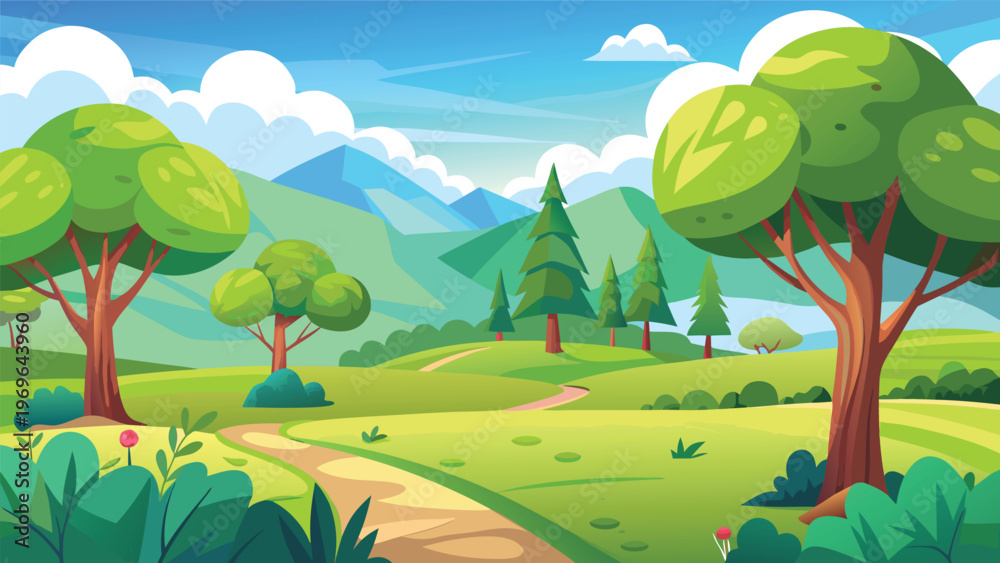 Fototapeta premium Green hills with trees and pathway lead to mountains in a clear sky during the day