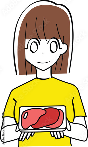 Illustrated Woman Holding Packaged Raw Meat