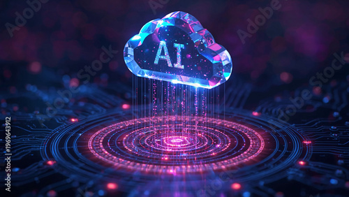 Cloud and edge computing technology data transfer concept. A large cloud icon is in the center, Ai Brain Cloud Big data, network, Science and futuristic ai cloud background concept.