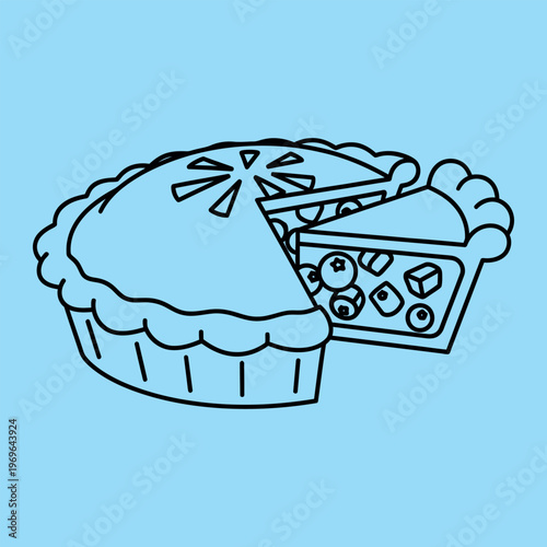 Minimal line of a whole pie with a slice cut out on blue background line minimal blue background black lines