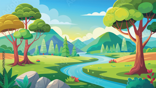 Colorful landscape with river and trees in a natural setting during daytime near mountains