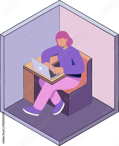 A person sits alone in a cubicle working on a laptop computer