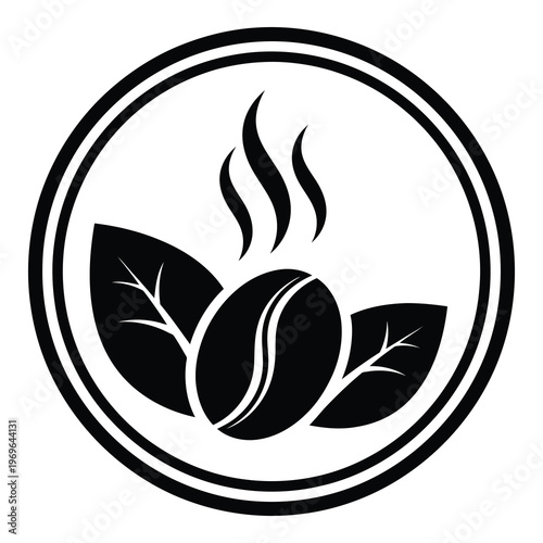 Black and white coffee bean icon with leaves and steam  coffee symbol icon