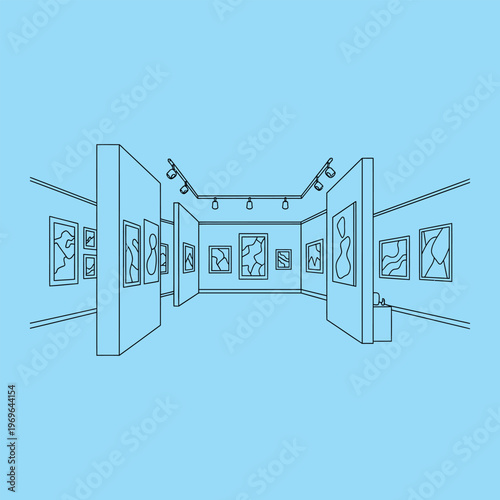 Minimal line of an gallery interior with blue walls and abstract paintings line minimal