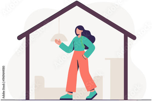 A woman installs a light fixture inside a house structure.