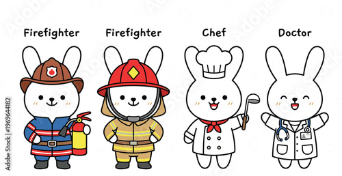 Cute cartoon rabbit characters set dressed in different professional uniforms including firefighter chef and doctor job roles