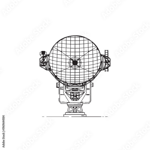 Vintage satellite dish antenna with circular grid and supporting stand for communications technology.