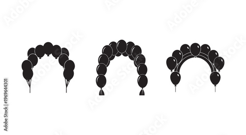 Black balloons in arch shape arrangements for parties and celebrations with white outlines on white background  various sizes and shapes