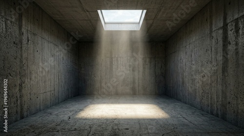 Empty concrete room with single skylight on ceiling