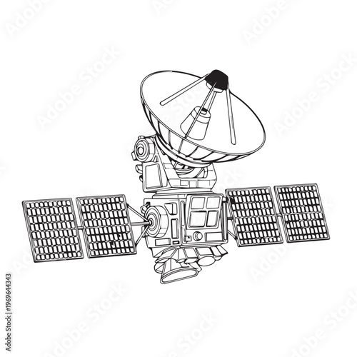 Satellite spacecraft with large dish antenna and solar panels in outer space.