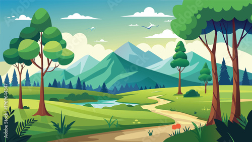 Scenic landscape showing mountains, trees, and a winding path with a river under a bright sky during daytime