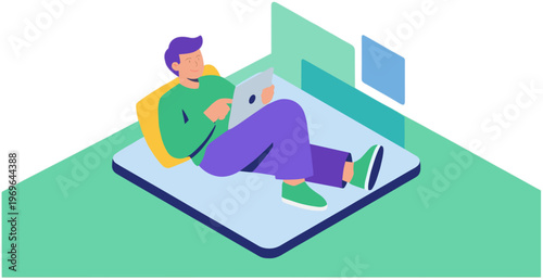 Man sitting on a laptop indoors relaxing leisurely on a mat