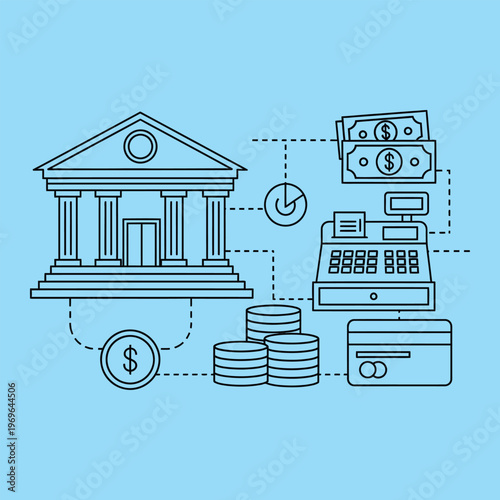 Minimal line of bank building with money and financial symbols coins cash register