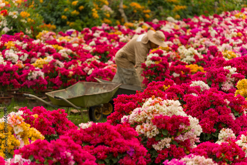 View of a Vietnamese man working in Phu Son village of bougainvillea blooms throughout Ben Tre, Vietnam. It's famous in Cho Lach, Mekong Delta in Tet holiday