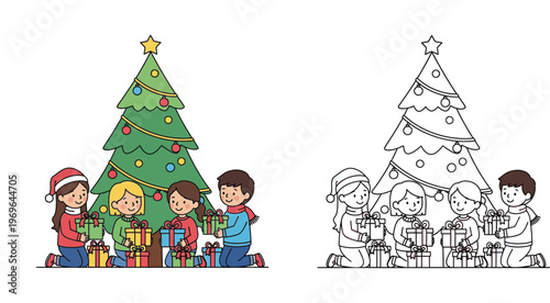 Christmas Tree with Happy Children and Gifts Illustration, Colored and Black and White Line Art Version for Kids Coloring Page Activities, Winter Holiday Celebration Vector Design