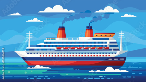 Cruise ship sails across calm waters under blue skies during daytime in an animated style