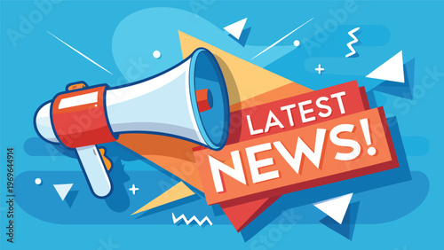 Loudspeaker showing latest news on a blue background with colorful shapes and designs during a bright day