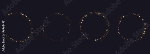 Gold sparkle circle frames set. Four round borders with star flares, glitter dust trails on dark backdrop. Shimmering ring design. Luxury invitation, festive card, logo element. Vector.