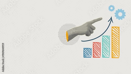 Trendy Halftone Collage Hand and stock arrow move up