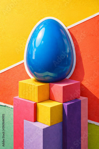 Large glossy blue Easter egg on colorful geometric foam block pedestal against textured yellow and orange background