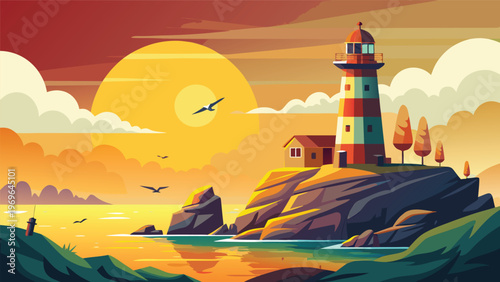 Sunset over a lighthouse on a rocky shore with birds flying in the sky and warm colors filling the scene