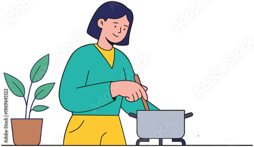 Woman cooking in kitchen with plant on countertop nearby indoors