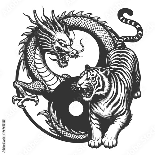 dragon and tiger circling in a yin yang composition, symbolizing balance, power, and opposing forces in harmony sketch engraving generative ai vector illustration. Scratch board. Black and white image
