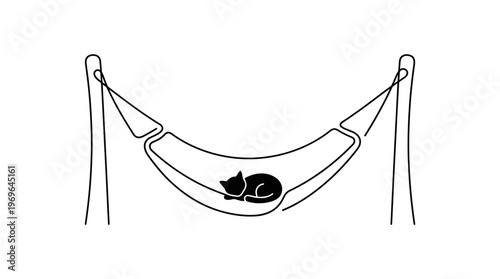 Minimalist Hammock With Sleeping Cat, Continuous Line Art Vector Illustration