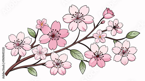 Pink cherry blossom branch with flowers and leaves seen against a plain background during spring