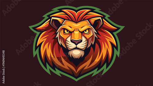 Lion head logo design showing a fierce expression with bright orange and yellow colors on a dark background