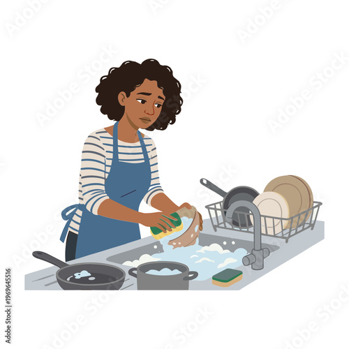 Woman washing dishes in kitchen sink with sponge and soap