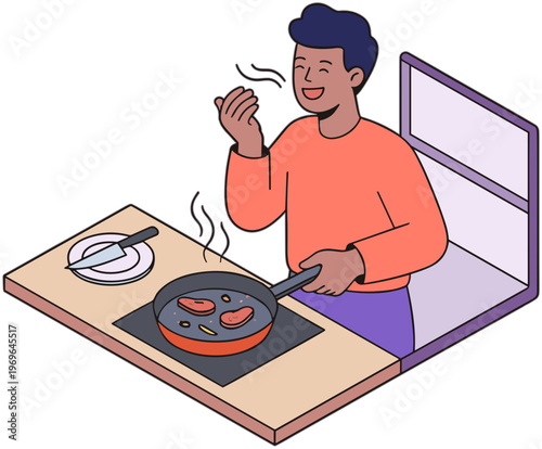 Man cooking food on stove in kitchen with pan and seasoning