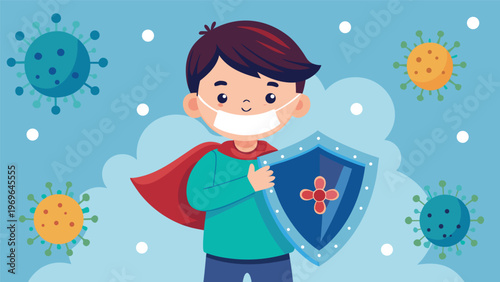 Child wears mask and cape while holding shield, standing in a colorful environment with virus symbols