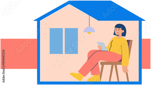 A woman relaxing in a house sitting on a chair reading