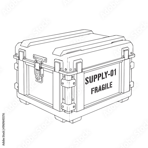 Industrial rugged transport case labeled fragile with secure latches and reinforced corners.