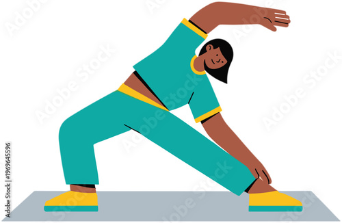 A woman performs a stretching exercise on a mat in a yoga pose.