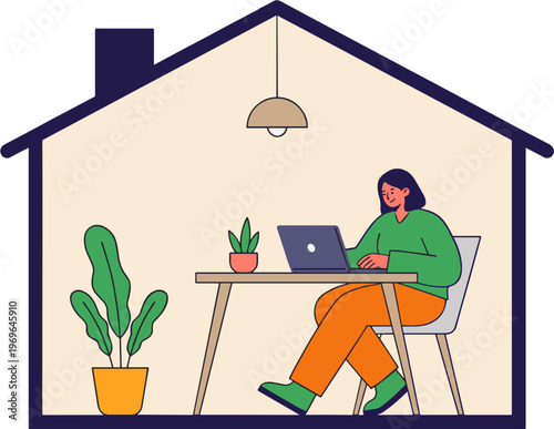 A woman works on her laptop at a desk in a cozy home office with plants.