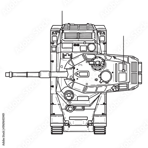 Top-down view of a modern military tank showcasing turret, gun barrel, and detailed hull from above.