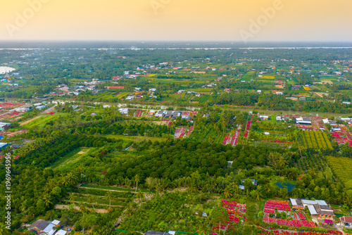 Aerial view of Phu Son village of bougainvillea blooms throughout Ben Tre, Vietnam