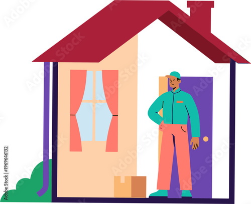 A delivery man stands at the door of a house with a package.