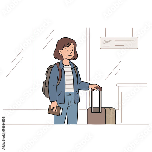 A woman stands with luggage at the airport looking for her gate.