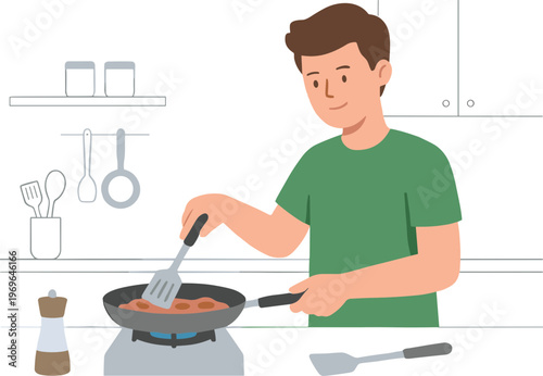 Man cooking food on stove in modern kitchen with utensils