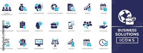 Business solutions icon set. Pack contain timeline, inspirations, strategy, solutions,research, equity,management, productivity and more. Solid vector icon collection.