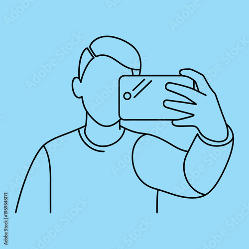 Minimal line of person taking selfie with smartphone line minimal person taking selfie blue background