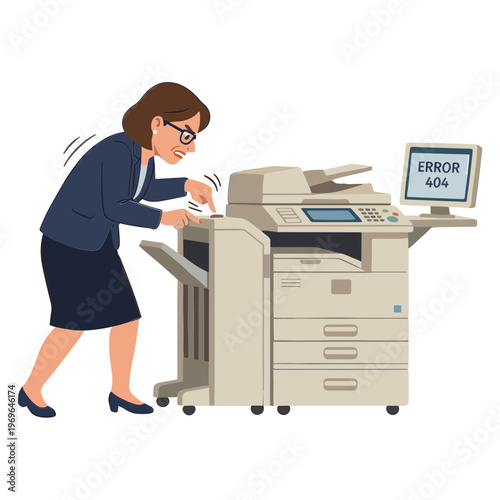 Woman experiencing frustration while fixing a jammed office printer with an error message.