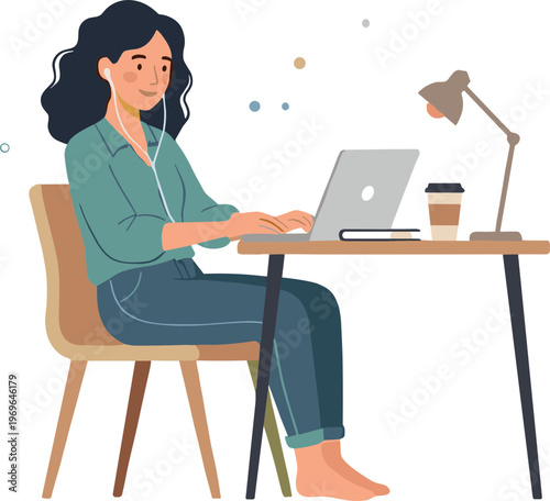 A woman works on her laptop at a desk with a cup of coffee
