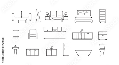 Minimal home furniture outline icons set, living room bedroom kitchen bathroom, line art vector