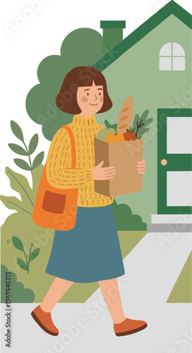 Woman walks down a suburban sidewalk carrying a bag and produce towards a house.